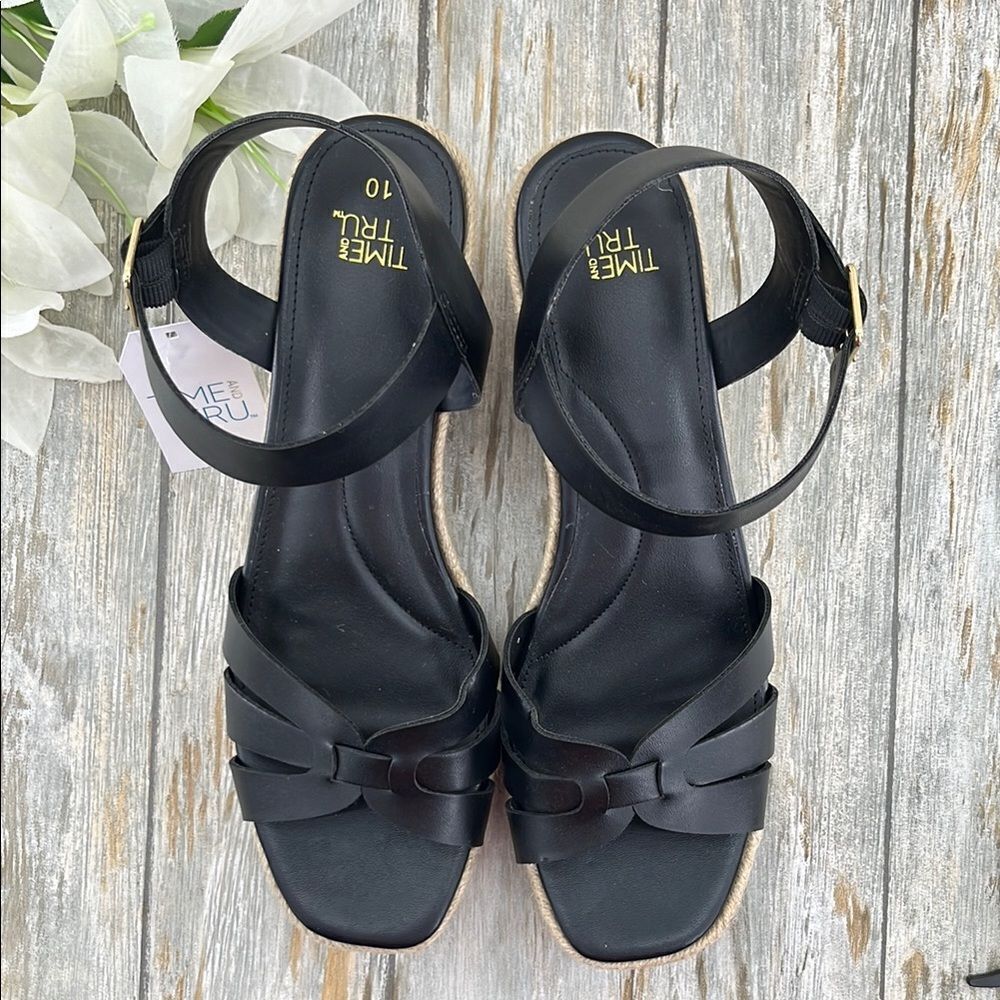 Women's Black Espadrille Wedge Sandals Shoes Size 10